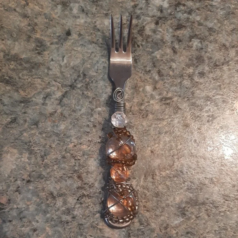 2 Jeweled Beaded Wire Hors d'Oeuvre Utensil Knife Fork Stainless Appetizer Amber